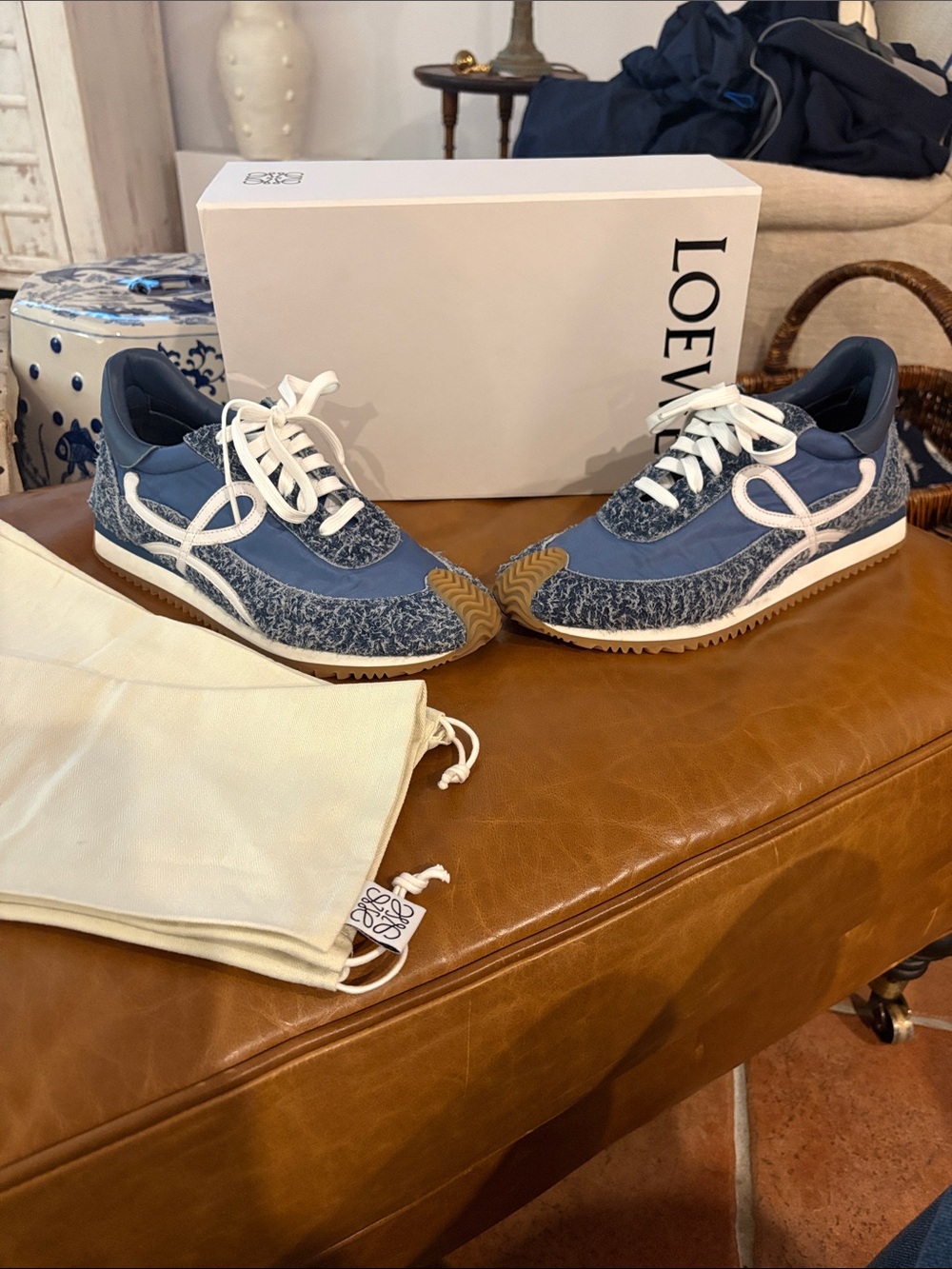 Loewe Blue, White and Tan Mixed-Media Flow Runner Sneakers
